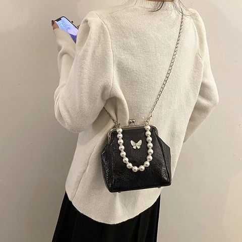 Women Crossbody Bag PU Artificial Pearl Handle Metal Chain Butterfly Vintage Kiss Lock Evening Party Chic Small Square Handbag