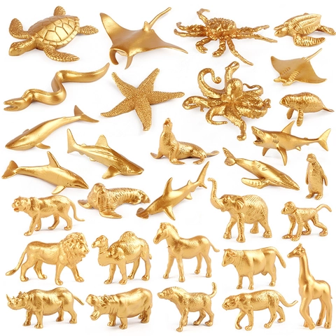 Realistic Golden Animal Models Simulation Plastic Miniature Wildlife Ocean Creature Figures Desktop Decor Educational Toys