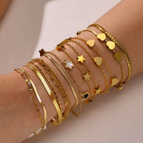 Pulsera Para Mujer Oro Chapado Acero Inoxidable Doble Capa Cadena Serpiente Colgante Corazon Zircon Joyeria Moda Geometrica