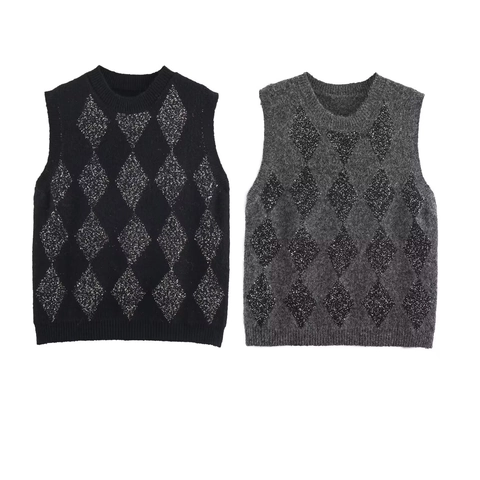 Chaleco De Punto Argyle Para Mujer Con Lentejuelas Cuello Redondo Sin Mangas Top De Punto Moda Streetwear