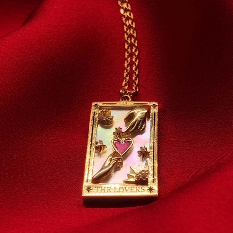 Tarotkarte The Lovers Anhänger Halskette Kupfer Vergoldet Emaille Rosa Herz Vintage Schmuck Für Damen