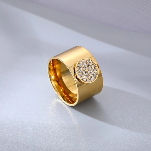 Wide Band Ring Gold Plated Stainless Steel Round Cubic Zirconia Pave Fashion Jewelry For Women