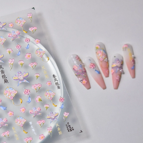 3D Relief Nail Art Stickers Chinese Style Kite Fan Floral Pattern Self Adhesive Manicure Decoration For Women