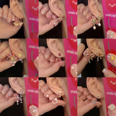Koreanischer Stil Legierung Strass Künstliche Perle Ohrstecker Für Damen Süße Herz Schmetterling Blumen Tropfen Ohrringe Schmuck Geschenk