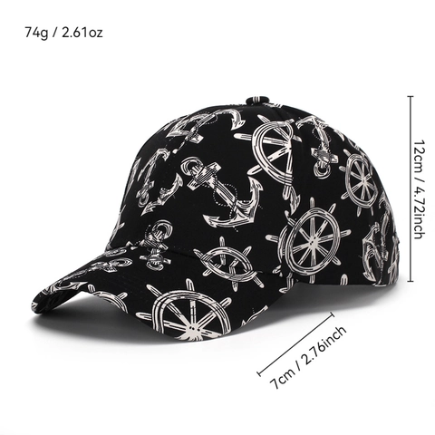Casquette De Baseball Imprimé Ancre Nautique Gouvernail Polyester Visière Courbée Réglable Chapeau Protection Solaire