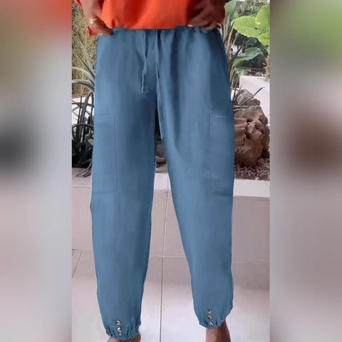 Γυναικείο Casual Cargo Παντελόνι Capri Χαλαρή Ψηλή Μέση με Κορδόνι Φαρδύ Πόδι Παντελόνι με Τσέπες Λεπτομέρεια Κουμπιών