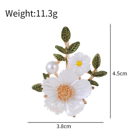 Spilla Elegante Fiore Margherita Bianca Con Foglie Verdi Smaltate E Perla Artificial Sintetica Lega Stile Vintage Per Donna