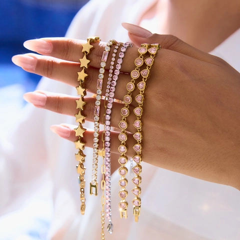Stainless Steel Bracelet For Women With Pink Zircon Heart Star Charms Gold Plated Hypoallergenic Jewelry