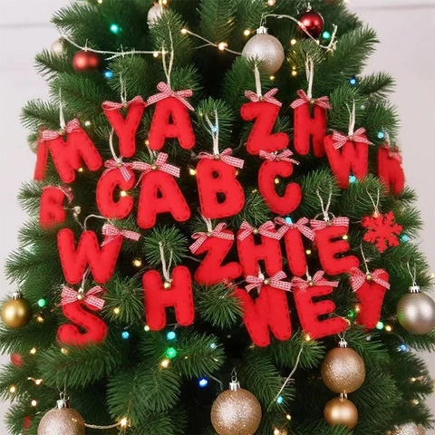 Christmas Tree Hanging Ornaments Red Felt Alphabet Letters With Plaid Bow And Gold Bell Festive Holiday Party Decorations