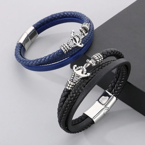 Bracciale Uomo Retro Pelle Intrecciata Multistrato Con Ciondolo Ancora In Acciaio Inossidabile Chiusura Magnetica Stile Nautico