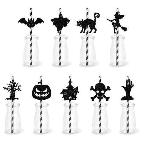 Cannucce Di Carta Per Halloween Con Carte Silhouette Glitterate Nere Scheletro Pipistrello Fantasma Decorazione Articoli Per Feste Rigati