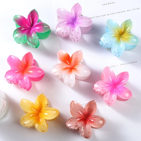 Plumeria Flower Hair Claw Clip Gradient Color Resin Acrylic Nonslip Ponytail Holder Beach Vacation Style For Women Girls
