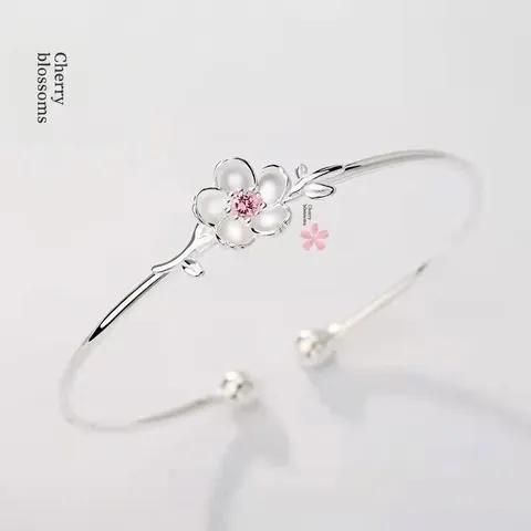 Kirschblüten Armreif Versilbertes Kupfer Rosa Zirkonia Blume Romantisch Verstellbar Armband Damen