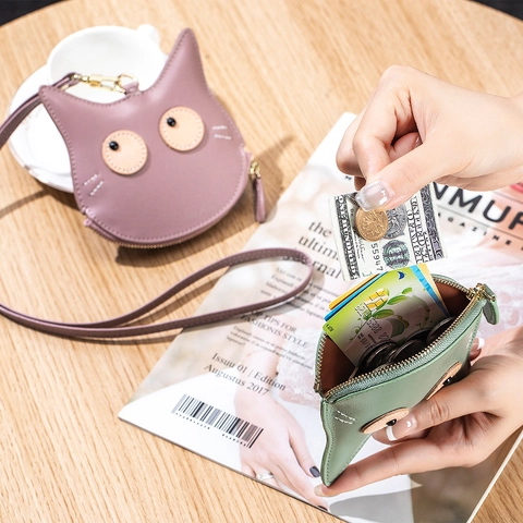 Cute Cartoon Cat Face Coin Purse Made Of Split Leather With Neck Strap Lanyard For Women And Girls Minimalist Style