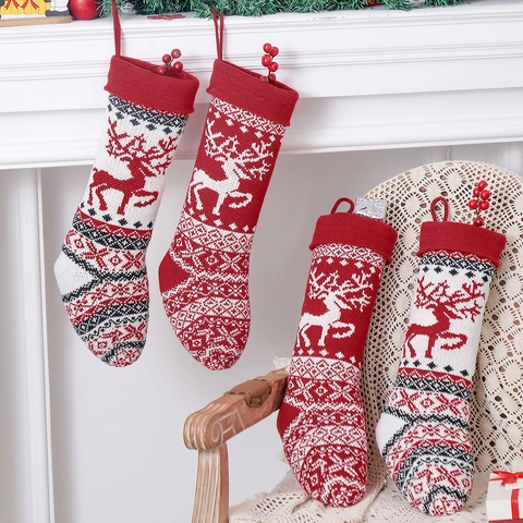 Knitted Christmas Stocking Reindeer Snowflake Pattern Large Capacity Holiday Gift Bag Hanging Ornament For Fireplace