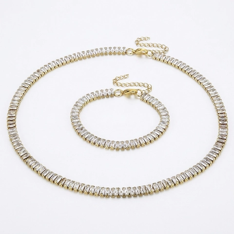 Edelstahl Halskette Und Armband Baguette Zirkon Halb Tennis Kette Schweinenase Glied Frauen Ins Mode Vergoldet