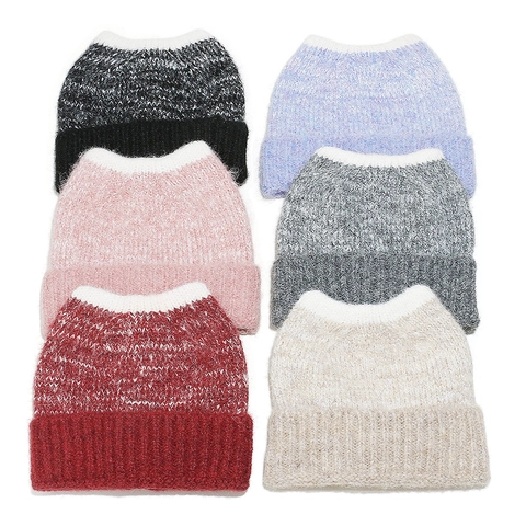 Strickmütze Acryl Gemischt Ombre Farbverlauf Teufel Katzenohren Winter Warm Ponytail Öffnung Outdoor Lässig Für Frauen