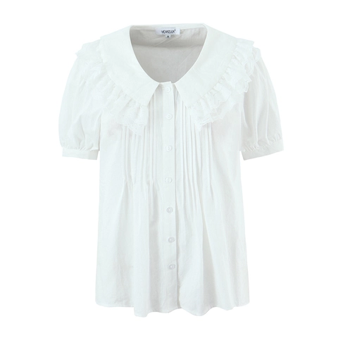Women White Short Sleeve Modal Cotton Blouse With Lace Peter Pan Collar Button Down Sweet Retro Fashion Shirt
