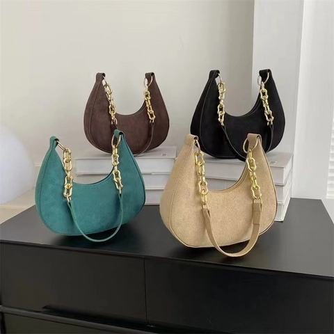 Vintage Suede Leather Half Moon Underarm Bag For Women Retro Gold Chain Hobo Bag Small Solid Color Crescent Shoulder Bag