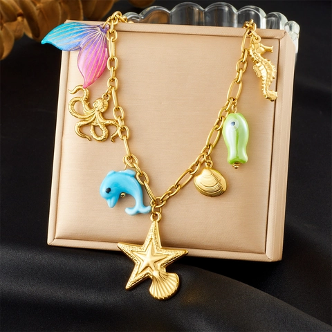 Ocean Theme Multi Charm Necklace With 304 Stainless Steel Chain Mermaid Tail Seahorse Starfish Colorful Enamel Jewelry For Women