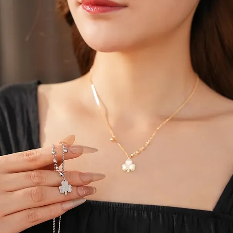 Herz Anhänger Halskette Kupfer Zirkon Perlen Schlüsselbein Kette Mode Schmuck Damen 520 Graviert Klee Design