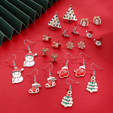 Boucles D'oreilles Noël Alliage Émail Strass Flocon De Neige Renne Père Noël Earring Post Bijoux Festifs Femmes