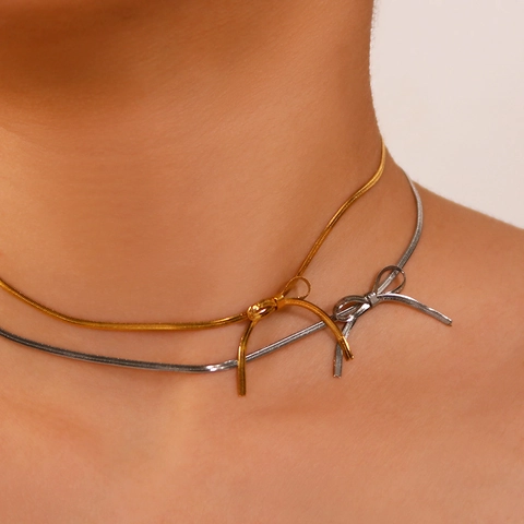 Bowknot Necklace Stainless Steel 18K Gold Plated Flat Snake Chain Trendy Asymmetric Choker Jewelry For Women
