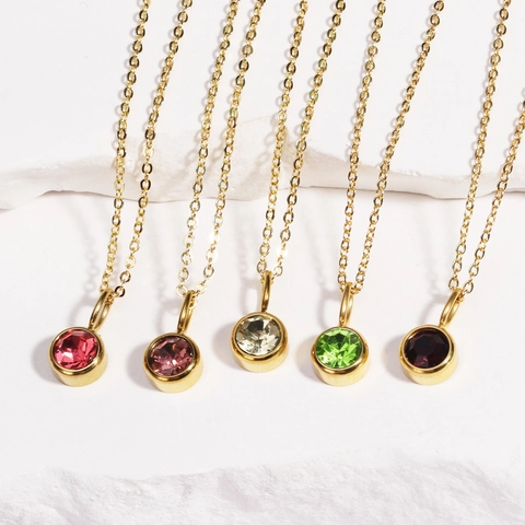 Collar De Piedra De Nacimiento Redondo Geométrico Colgante De Circonita Cúbica Acero Inoxidable Chapado En Oro Joyería Simple