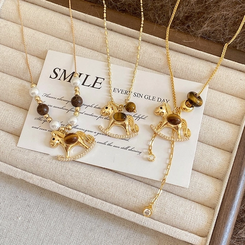 Rocking Horse Pendant Necklace Tiger Eye Stone Imitation Artificial Pearl Zircon Gold Plated Alloy Retro Luxury Jewelry Women