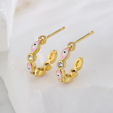 Evil Eye C-Hoop Ohrringe Kupfer 18K Vergoldet Zirkonia Emaille Retro Mode Für Frauen