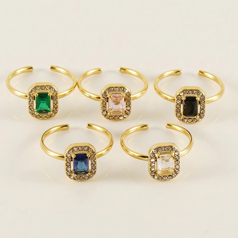 Rectangle Zircon Halo Ring Stainless Steel 18K Gold Plated Adjustable Elegant Fashion Jewelry For Women