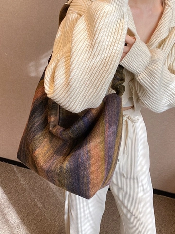 Borsa A Spalla Vintage Da Donna In Maglia Di Lana Grande Capacità Sfumatura Colorata Borsa Hobo Con Tracolla Arricciata