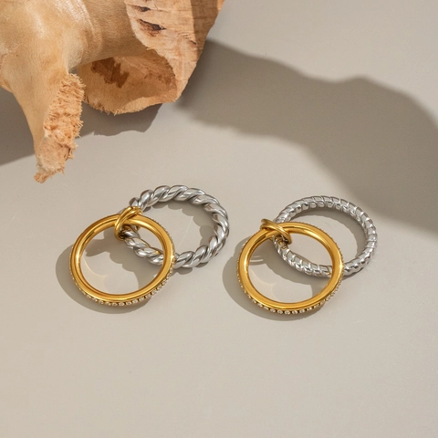 Multilayer Stacked Rings Stainless Steel Twisted Cable Cubic Zirconia Geometric Bicolor Jewelry For Women
