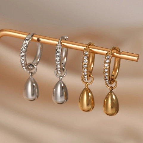 Edelstahl Zirkon Creolen Mit Wassertropfen Anhänger Wasserdicht PVD Vergoldung Elegante Mode Schmuck Für Damen