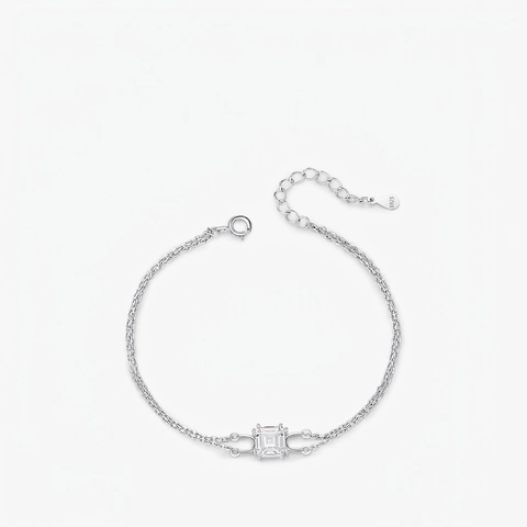 925 Sterling Silver Bracelet For Women Double Layer Chain Square Zircon Geometric Minimalist Hand Jewelry