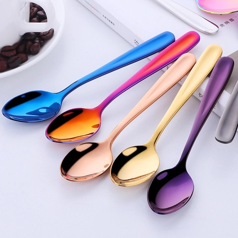 Mini Cucchiaio In Acciaio Inossidabile Colorato Lucidato A Specchio Caffè Dessert Miele Piccola Testa Rotonda