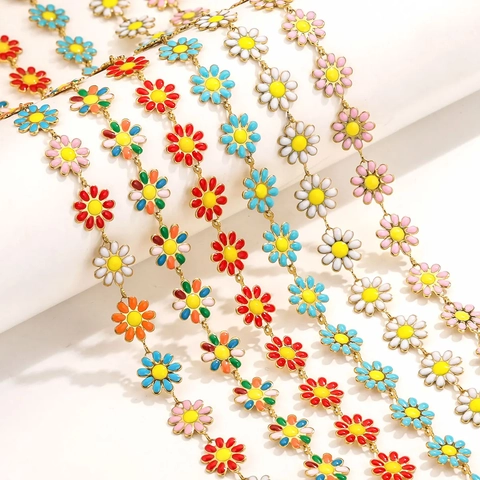 Stainless Steel Daisy Flower Enamel Drip Oil Chain DIY Jewelry Making Findings Necklace Earrings Accessories Floral Style