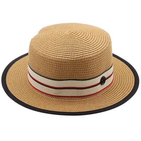 Cappello Boater Classico Donna Paglia Testa Piatta Estate Spiaggia Cappello Da Sole Con Nastro A Righe E Decoro In Metallo
