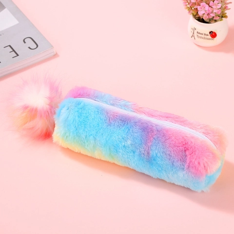Plush Pencil Case Rainbow Gradient Large Capacity Stationery Bag With Pom Pom Charm For Students Girls Cute