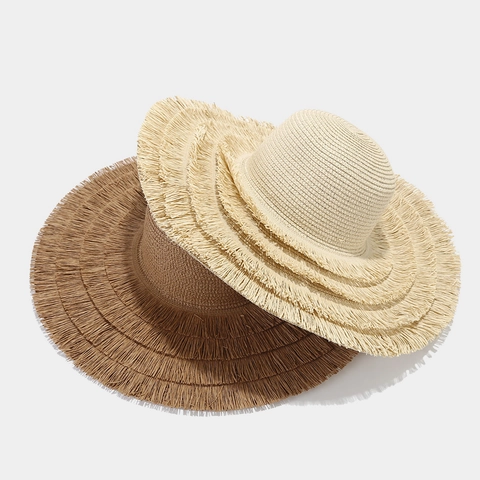 Cappello Di Paglia A Tesa Larga Da Donna Carta Raffia Frange Protezione Solare Spiaggia Vacanza Bohemien Estate Elegante