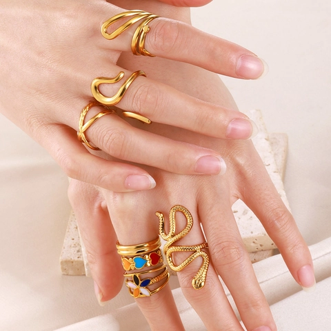 Minimalist Stainless Steel 18K Gold Plated Geometric Open Ring For Women Men Ins Style Enamel Heart Adjustable Finger Ring