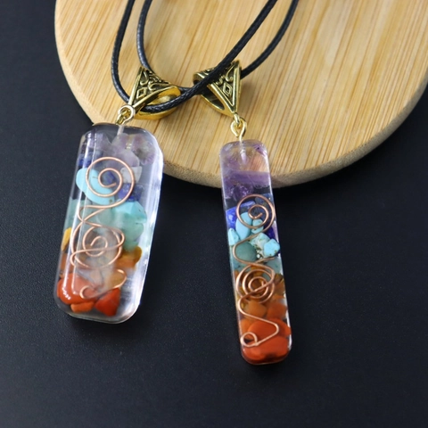 Chakra Natural Stone Pendant Necklace Handmade Resin Healing Crystal Copper Wire Wrap Yoga Reiki Energy Jewelry For Women Men