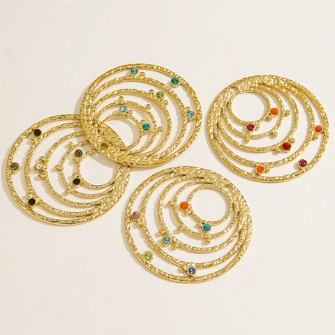 Bohemian Stainless Steel Round Circle Charms Textured Multi Layer Pendants With Rhinestones For DIY Earring Making Gold