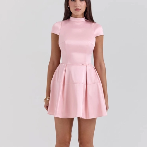 Abito Mini In Raso Rosa Schiena Scoperta Collo Alto Senza Maniche Sexy Abito Da Festa Linea A