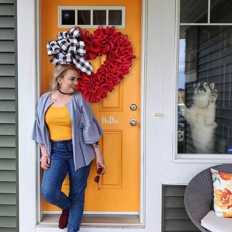 Heart Shaped Wreath Valentine's Day Artificial Rose Flower Burlap Buffalo Plaid Bow Door Hanging Romantic Wedding Decor