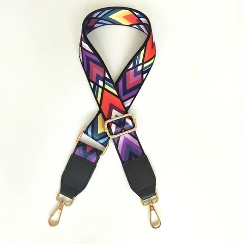 Wide Shoulder Bag Strap Adjustable Ethnic Pattern Polyester Replacement Crossbody Belt With Leather Ends Gold Hooks