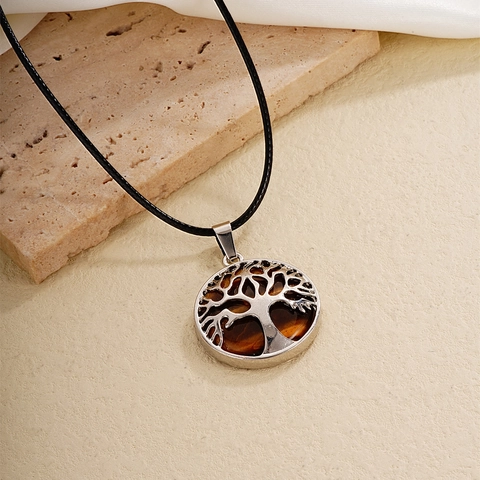 Tree Of Life Pendant Necklace Natural Stone Alloy Hollow Round Geometric Bohemian Jewelry For Women