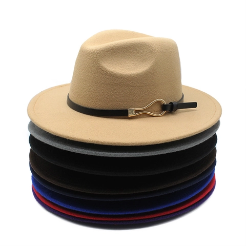 Cappello Fedora Classico Vintage A Tesa Larga Feltro Di Lana Cappello Jazz Con Fibbia In Metallo Dorato Cintura In Pelle