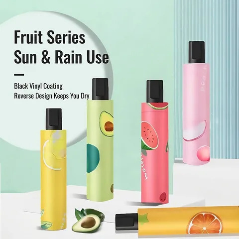 Parapluie Pliable Motif Fruits Protection UV Revêtement Colle Noire Pare-Soleil Double Usage Pluie Parasol Minimaliste Portable