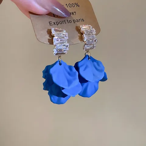 Blue Matte Acrylic Petal Drop Earrings With Zircon And 925 Sterling Silver Earring Post Elegant Floral Jewelry For Women